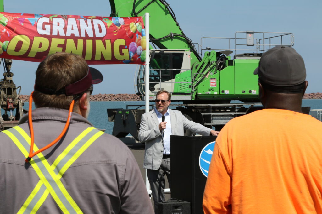 Ports of Indiana CEO Jody Peacock addresses the Berth 5 opening guests