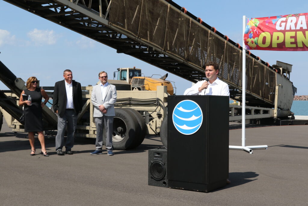 Portage Mayor Austin Bonta addresses the crowd at Berth 5