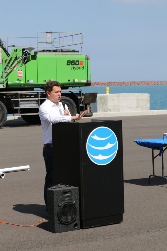 Portage Mayor Austin Bonta addresses the crowd at Berth 5