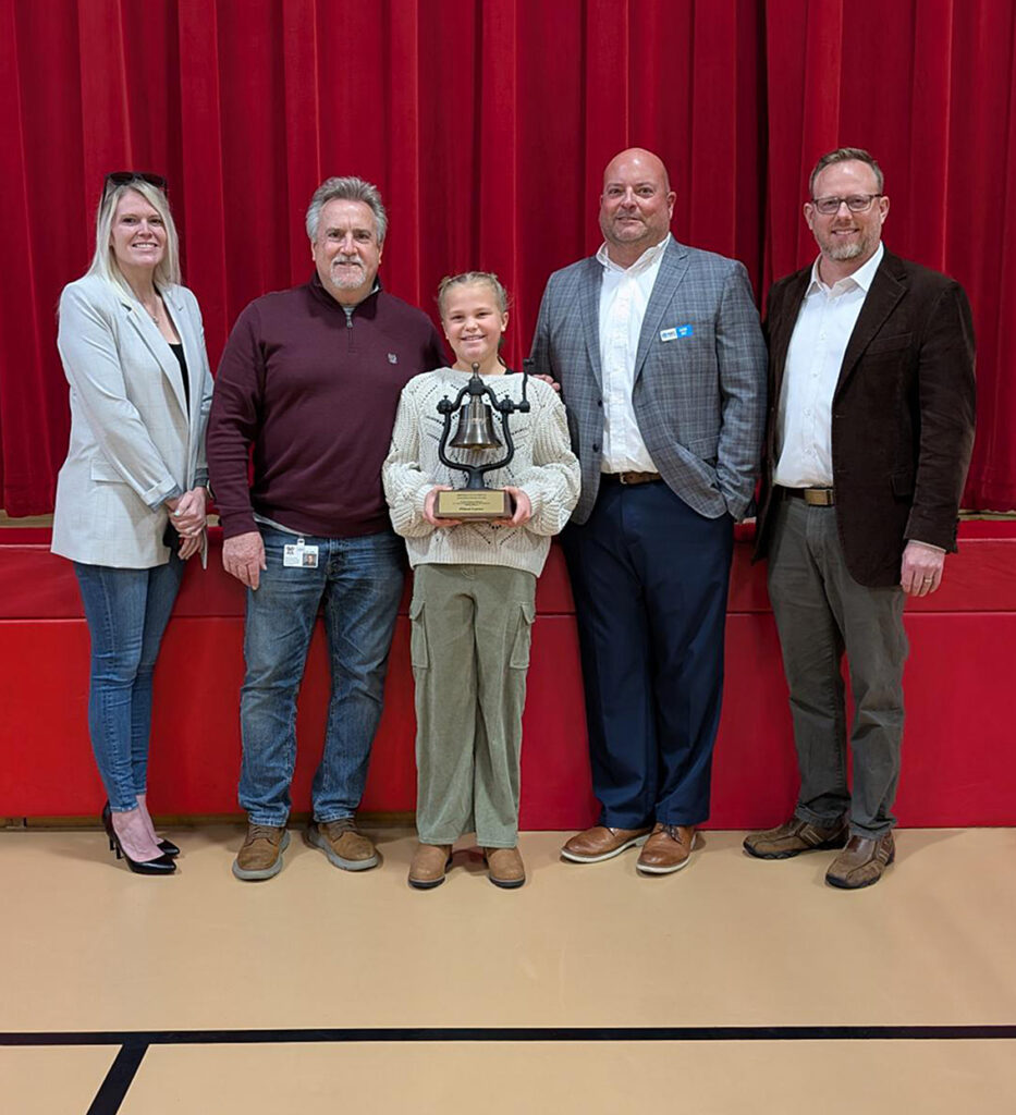 4th grader Ella Price and Mr. LaMar from West Elementary, with (l-r) Ashley Blocker, Jason May and Jody Peacock with Ports of Indiana. Ella was one of three students to submit "Wildcat Express."