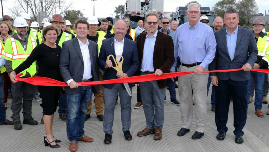 With construction workers and first responders as VIP guests, (L to R) Heather Ennis of NWI Forum, Portage Mayor Austin Bonta, INDOT Commissioner Michael Smith, Ports of Indiana CEO Jody Peacock, Ports of Indiana Commissioner David Fagan and Burns Harbor Port Director Ryan McCoy served as ribbon-cutters