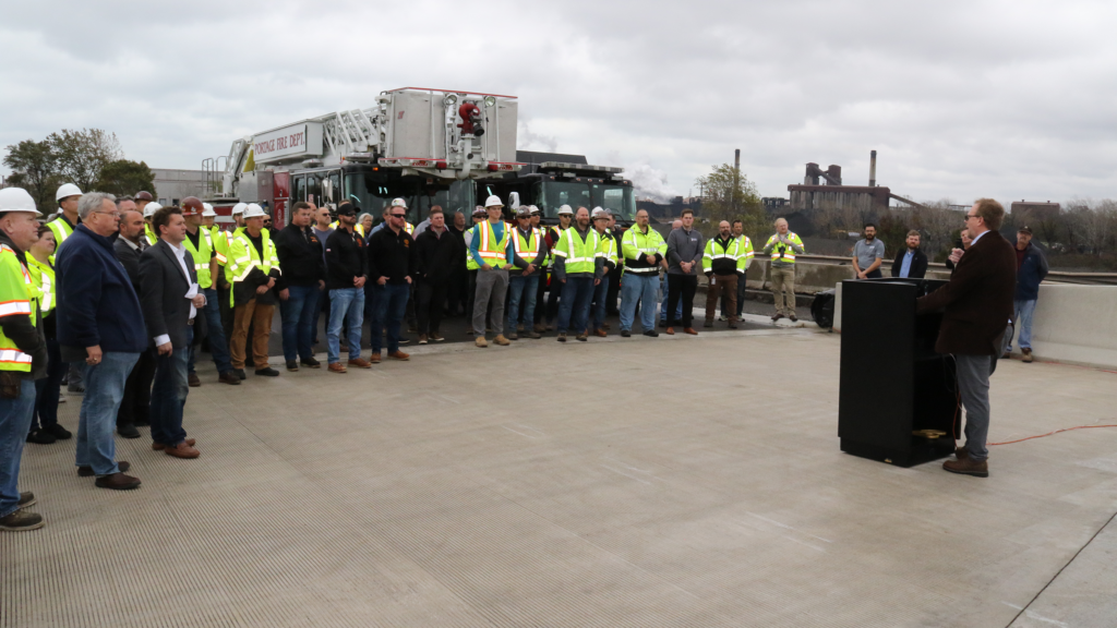 Ports of Indiana CEO addresses the assembled guests on the new State Road 249 bridge at Burns Harbor