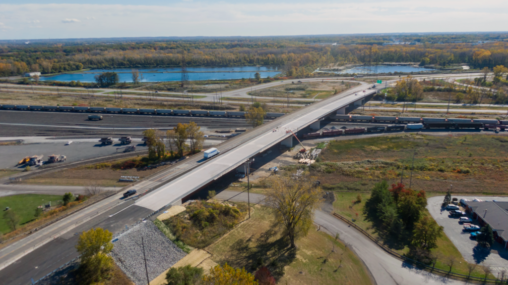 Looking south, the new State Road 249 nearing completion while traffic uses the old span.